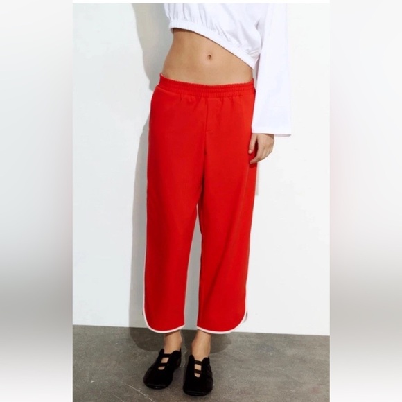 NEW ZARA red Side Striped Red Cropped Pants Woman’s Size S Pull On Pockets - Picture 1 of 16